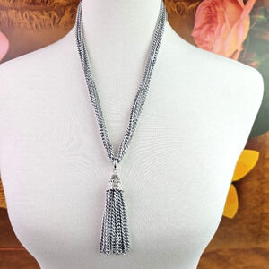 Sarah Coventry Tassel Pendant Necklace Multi Curb Link Chain Silver Tone Vintage